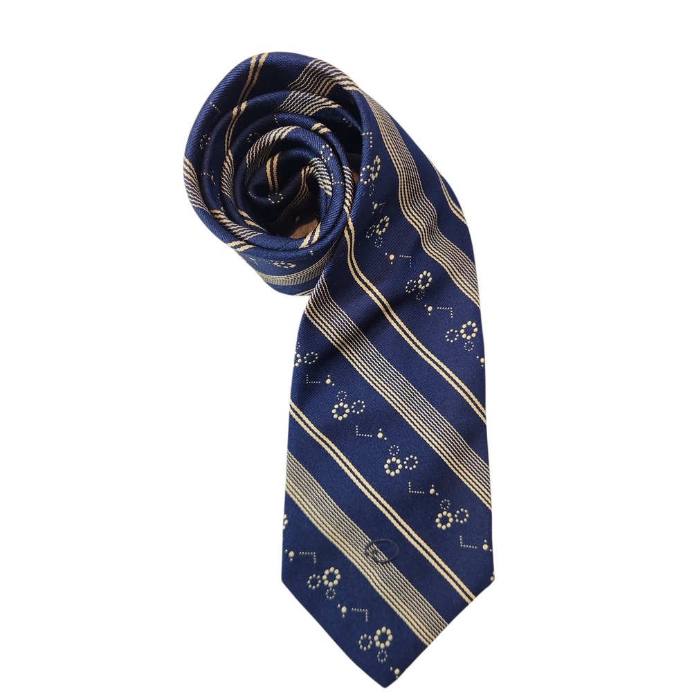 Oscar de la Renta Necktie Mens OS Navy Blue Gold Striped Silk Blend Geometric